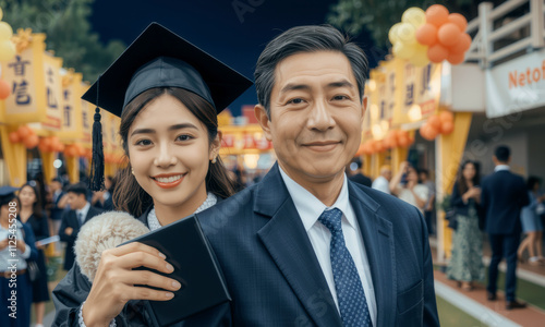 Graduation celebration with family, showcasing proud graduate in cap and gown alongside smiling father. Joyful atmosphere filled with decorations and guests photo