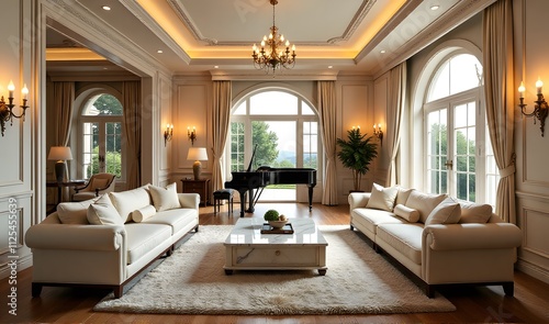 Elegant living room with classical furniture and grand piano