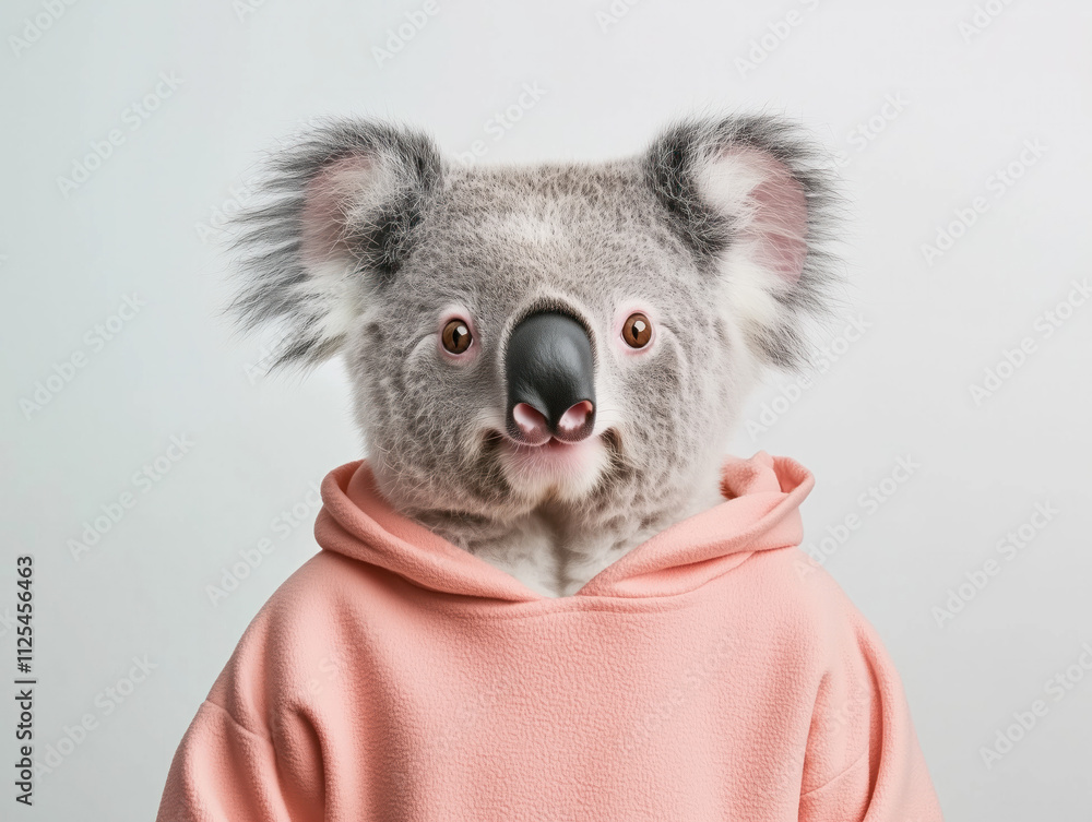 Obraz premium Adorable Koala Fashioned in Pink Set Against a Pristine White Backdrop