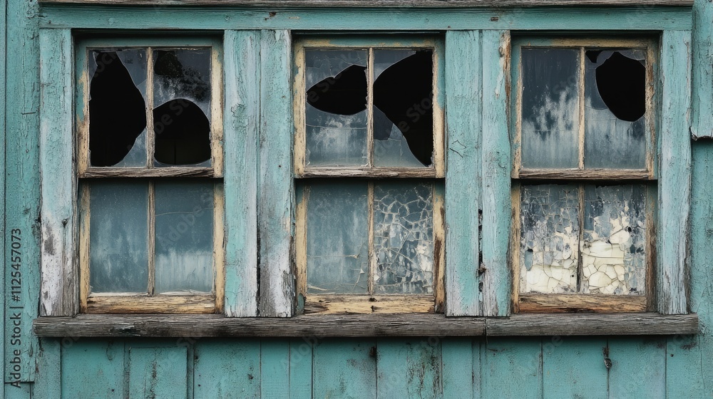 Weathered Wooden Window with Broken Glass in Abandoned Building Weathered Wooden Window with Broken Glass in Abandoned Building