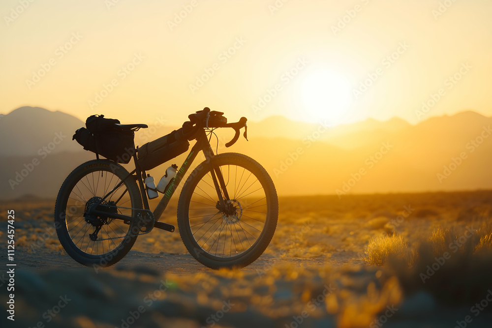 Fototapeta premium Majestic trekking bike silhouetted in the backlight of a glowing sunset