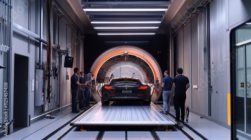 A team of engineers testing the aerodynamics of a new electric car design in a wind tunnel.