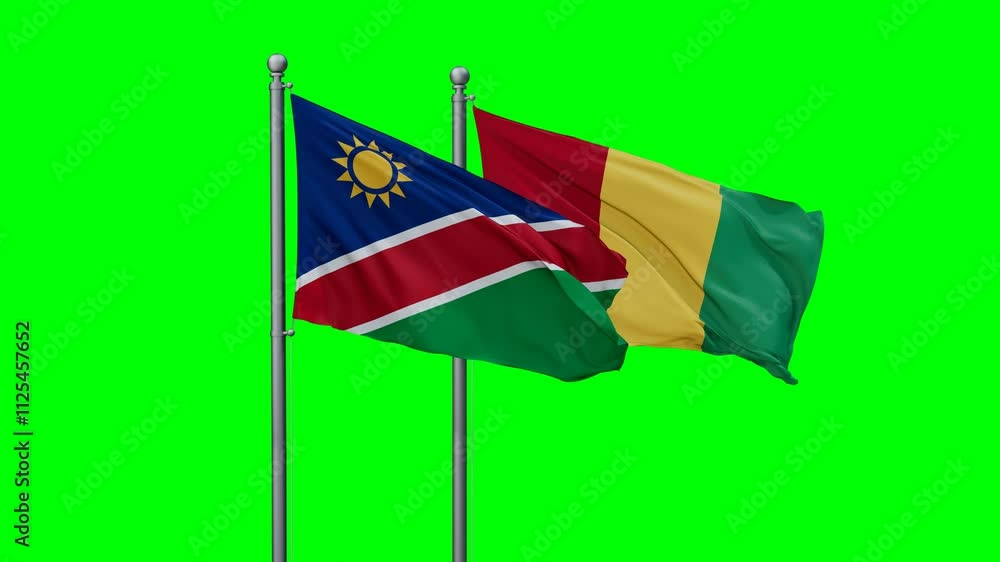 Republic of Guinea or Guinea-Conakry and Namibia flags flying together, video concept of the relationship with colored chroma key for easy background remove Republic of Guinea or Guinea-Conakry and Namibia flags flying together, video concept of the relationship with colored chroma key for easy background remove