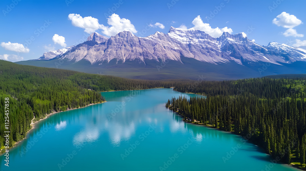 A majestic aerial shot of a mountain lake with emerald waters reflecting towering snow-capped peaks. A majestic aerial shot of a mountain lake with emerald waters reflecting towering snow-capped peaks.