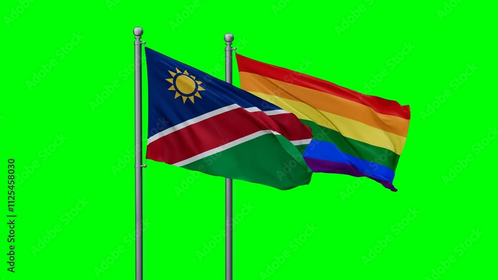 LGBT movement flag also Gay Pride and Namibia two flags waving cycle looped video, tolerance conception in country
