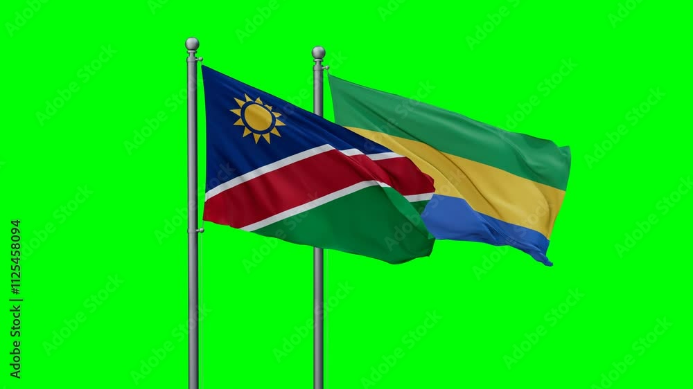 Gabon and Namibia flags flying together, video concept of the relationship with colored chroma key for easy background remove Gabon and Namibia flags flying together, video concept of the relationship with colored chroma key for easy background remove