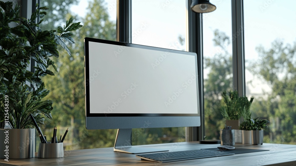 Modern Workspace Featuring Blank Computer Screen And Greenery Modern Workspace Featuring Blank Computer Screen And Greenery