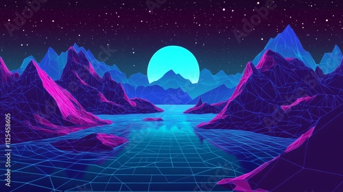 A sci-fi setting with glowing hills in purple and blue hues, illuminated by a clear night sky dotted with stars. photo