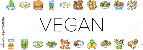 vegan food fresh organic icons set vector. vegetarian healthy, green fruit, diet nutrition, bio market, meal leaf vegetable vegan food fresh organic color line illustrations