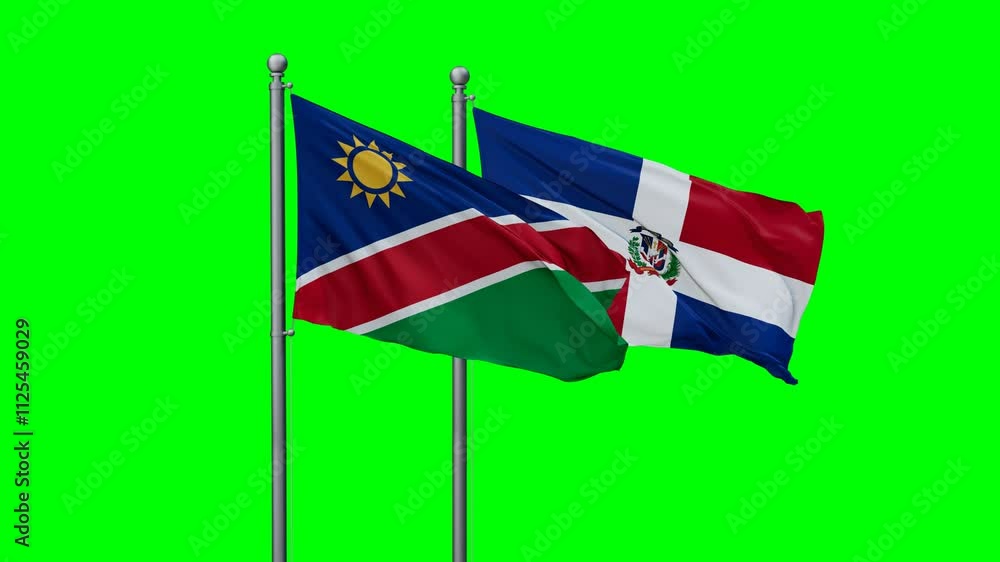 Dominican Republic and Namibia flags flying together, video concept of the relationship with colored chroma key for easy background remove Dominican Republic and Namibia flags flying together, video concept of the relationship with colored chroma key for easy background remove