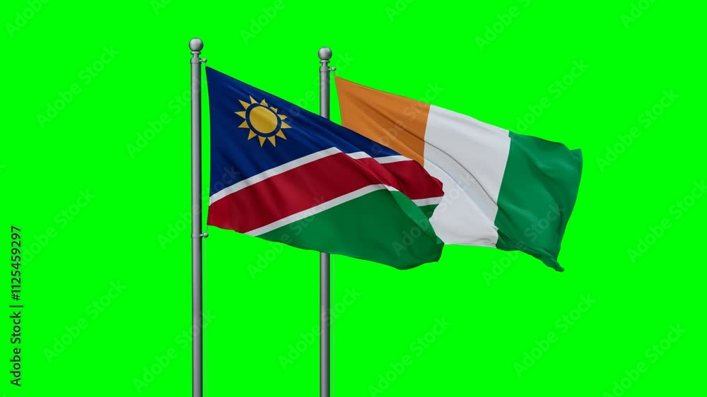 Ivory Coast or Cote d'Ivoire and Namibia flags flying together, video concept of the relationship with colored chroma key for easy background remove, two country cooperation concept Ivory Coast or Cote d'Ivoire and Namibia flags flying together, video concept of the relationship with colored chroma key for easy background remove, two country cooperation concept