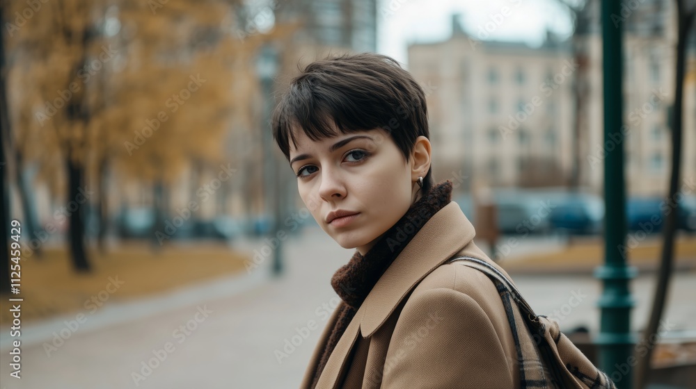 Woman wearing a brown coat and a backpack Woman wearing a brown coat and a backpack