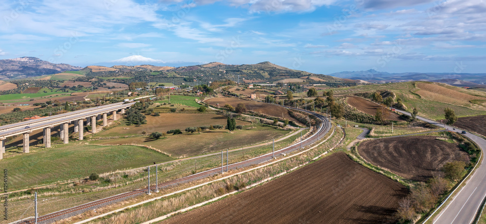 Amazing view from a drone of a landscape with a highway. Amazing view from a drone of a landscape with a highway.