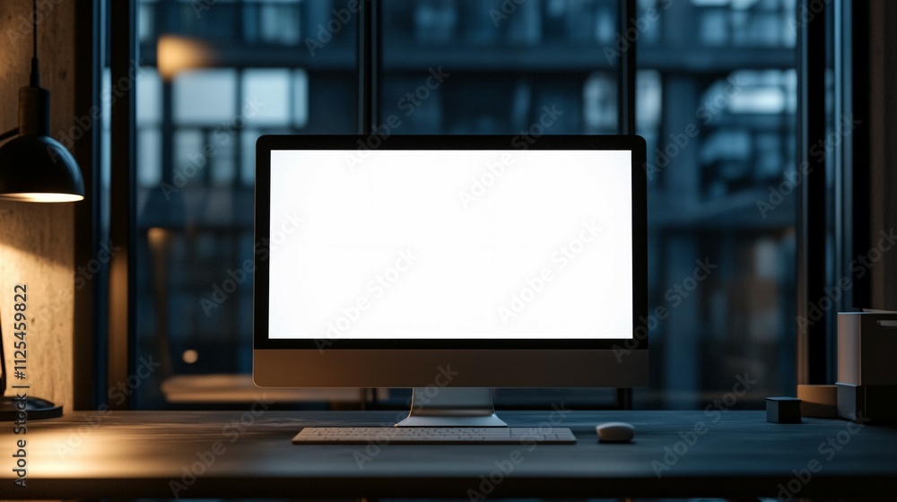 Modern Desktop Computer Setup Near Window at Night Modern Desktop Computer Setup Near Window at Night