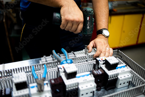 Electrician, engineer assembles an electrical cabinet in a factory.