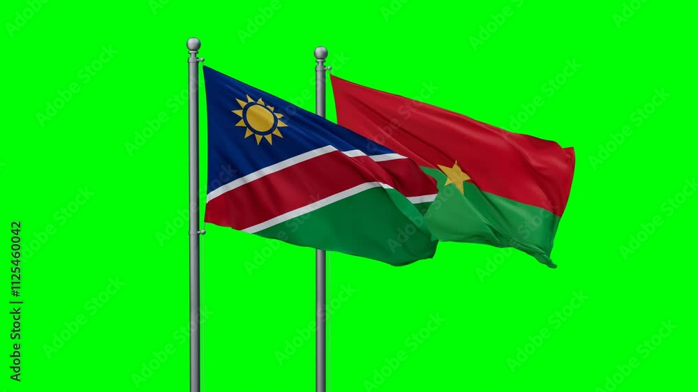 Burkina Faso and Namibia flags flying together, video concept of the relationship with colored chroma key for easy background remove Burkina Faso and Namibia flags flying together, video concept of the relationship with colored chroma key for easy background remove
