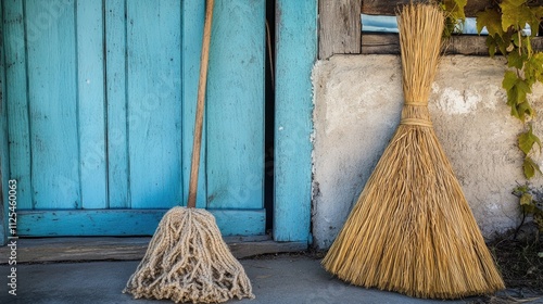 Wallpaper Mural Traditional Brooms Leaning Against a Colorful Wooden Doorway Torontodigital.ca