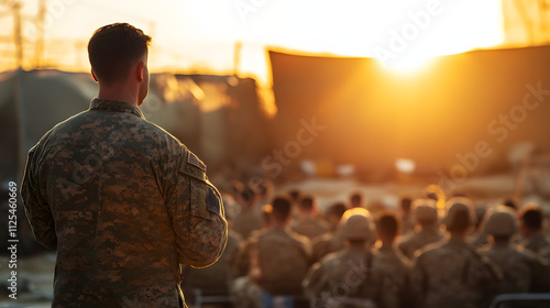 A military chaplain conducting a service for soldiers gathered in a remote base.