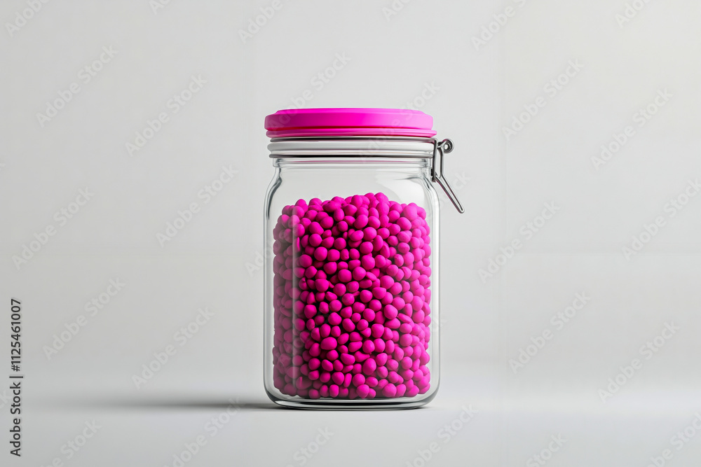 A glass jar filled with pink candies on a white surface A glass jar filled with pink candies on a white surface