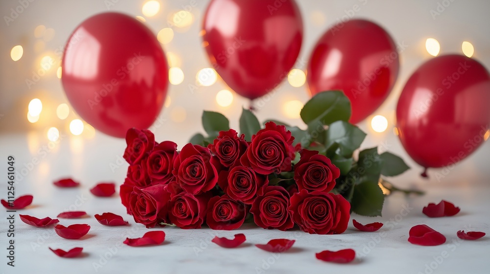A stunning bouquet of red roses on a surface by scattered rose petals and red balloons. The background features a soft bokeh with glowing lights, a festive and romantic atmosphere. Valentine’s Day A stunning bouquet of red roses on a surface by scattered rose petals and red balloons. The background features a soft bokeh with glowing lights, a festive and romantic atmosphere. Valentine’s Day