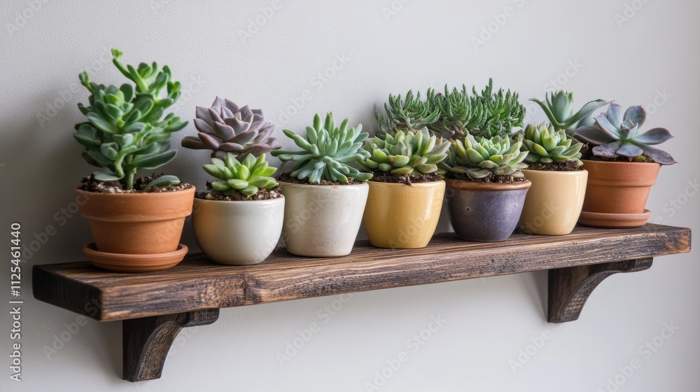 Fototapeta premium Assortment of Succulent Plants on a Wooden Shelf Display
