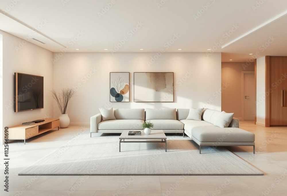 Sleek and modern living room with neutral color palette Sleek and modern living room with neutral color palette