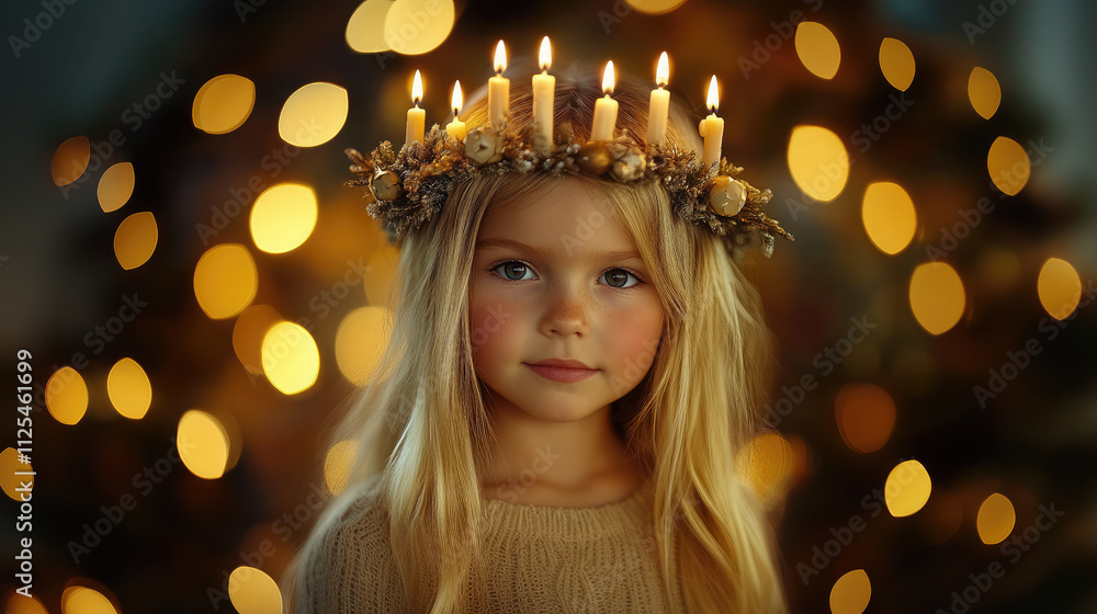 little blonde girl with wreath of candles on head, saint lucia day, golden beige soft blurry background, sweden, catholic tradition, protestant church, religious holiday, christmas angel little blonde girl with wreath of candles on head, saint lucia day, golden beige soft blurry background, sweden, catholic tradition, protestant church, religious holiday, christmas angel