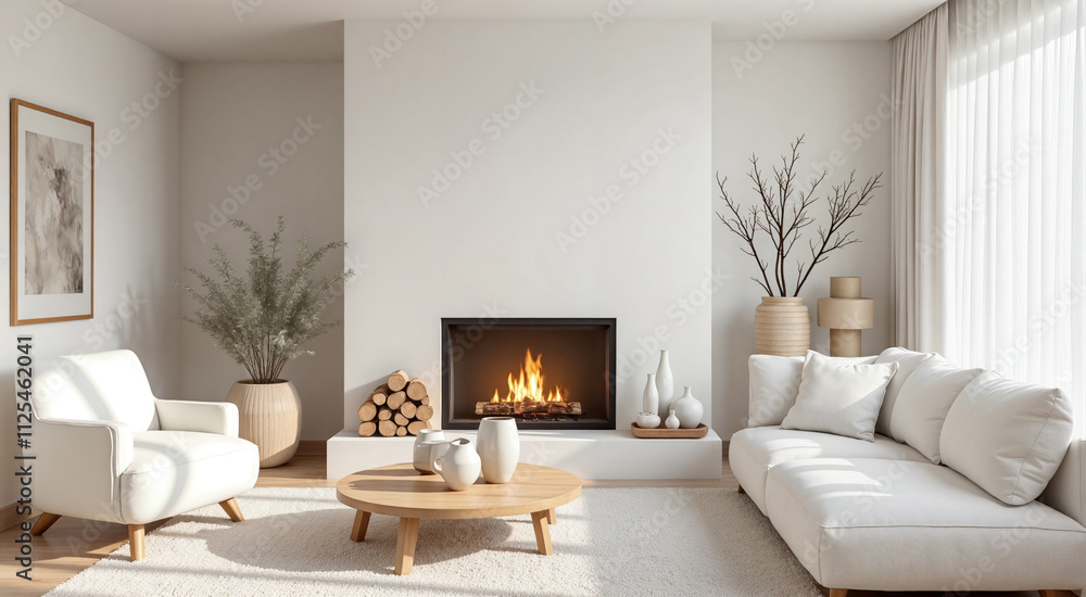 Naklejka premium Minimal living room with fireplace and neutral decor