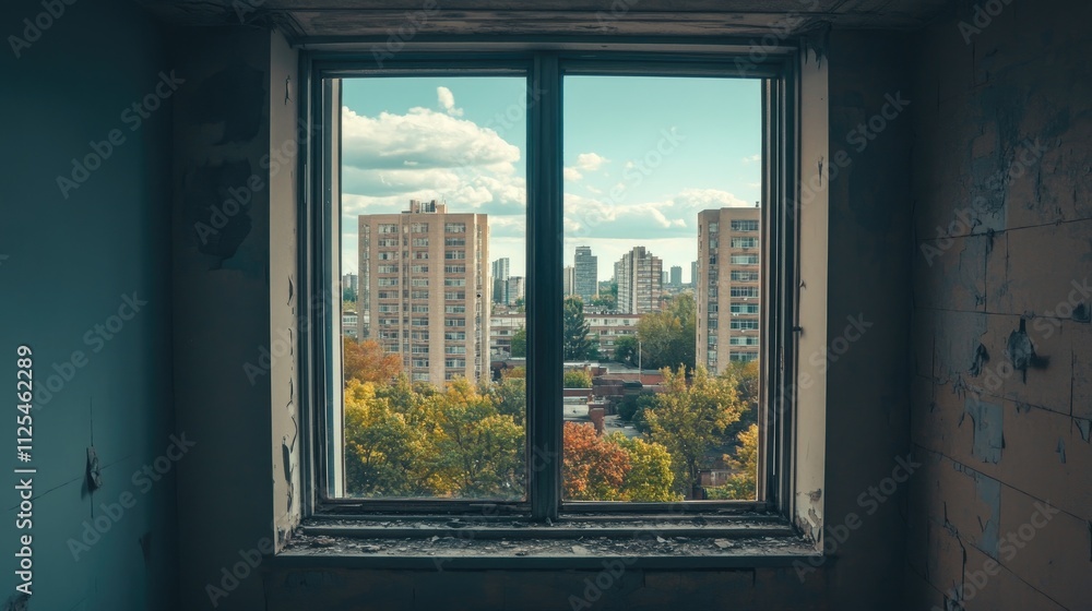 Urban View Through Abandoned Window in a Decaying Interior Scene Urban View Through Abandoned Window in a Decaying Interior Scene