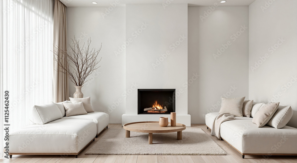 Fototapeta premium Minimal living room with fireplace and neutral decor