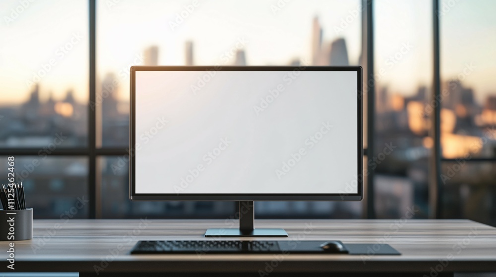 Modern Computer Setup Against City Skyline View Modern Computer Setup Against City Skyline View