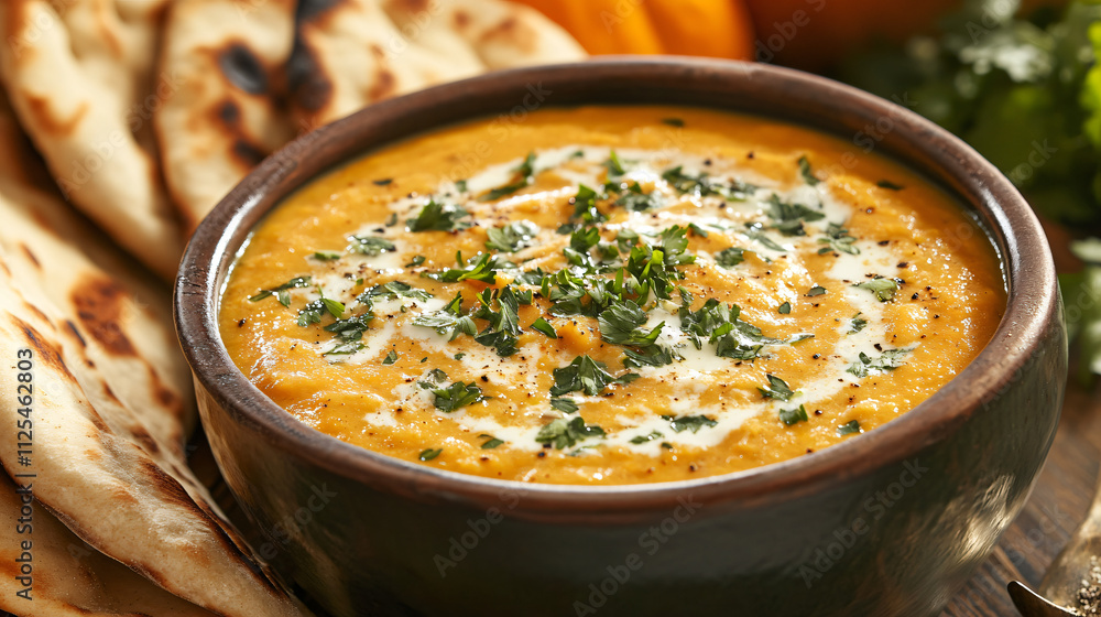 Pumpkin soup with a creamy coconut milk base, topped with fresh parsley and served with warm pita bread. Pumpkin soup with a creamy coconut milk base, topped with fresh parsley and served with warm pita bread.