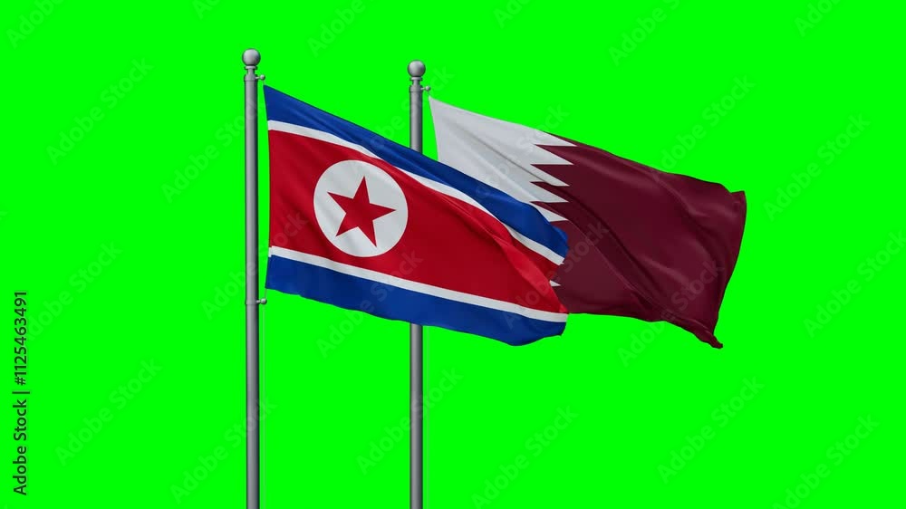 Qatar and North Korea flags flying together, video concept of the relationship with colored chroma key for easy background remove, two country cooperation concept Qatar and North Korea flags flying together, video concept of the relationship with colored chroma key for easy background remove, two country cooperation concept