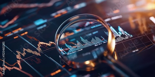 Analyzing market trends with a magnifying glass on financial reports business environment close-up perspective photo