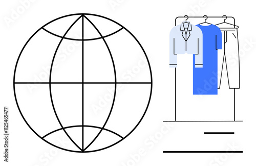 Clothing rack with dress, jacket, pants beside a globe. Ideal for eco-fashion, sustainable clothing, global commerce, retail, environmental advocacy global connections and fashion marketing. Line