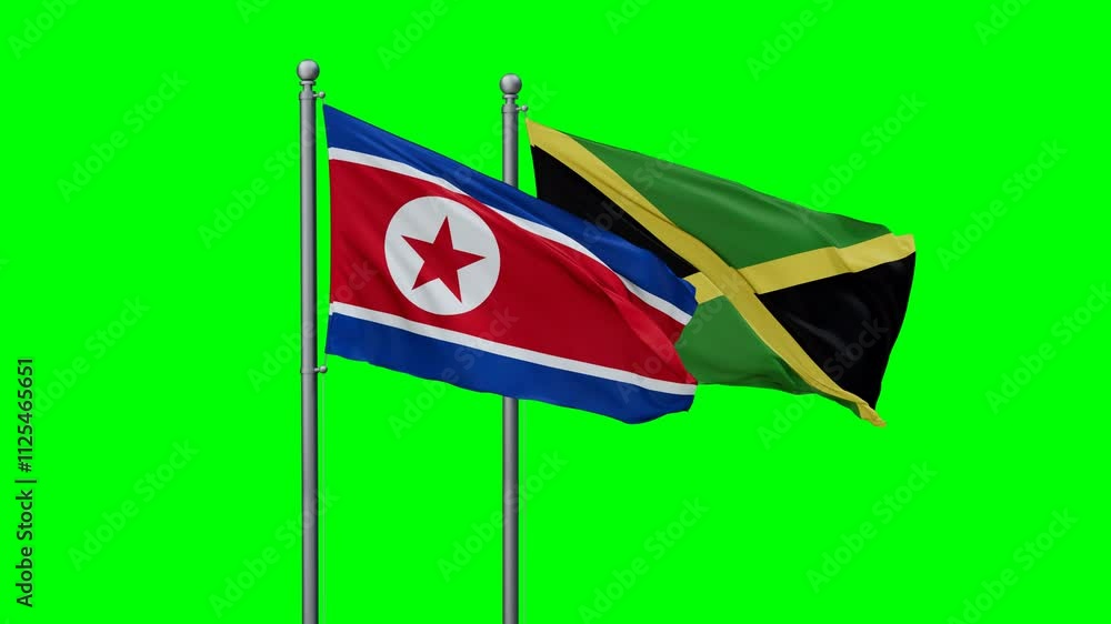 Jamaica and North Korea flags flying together, video concept of the relationship with colored chroma key for easy background remove, two country cooperation concept Jamaica and North Korea flags flying together, video concept of the relationship with colored chroma key for easy background remove, two country cooperation concept