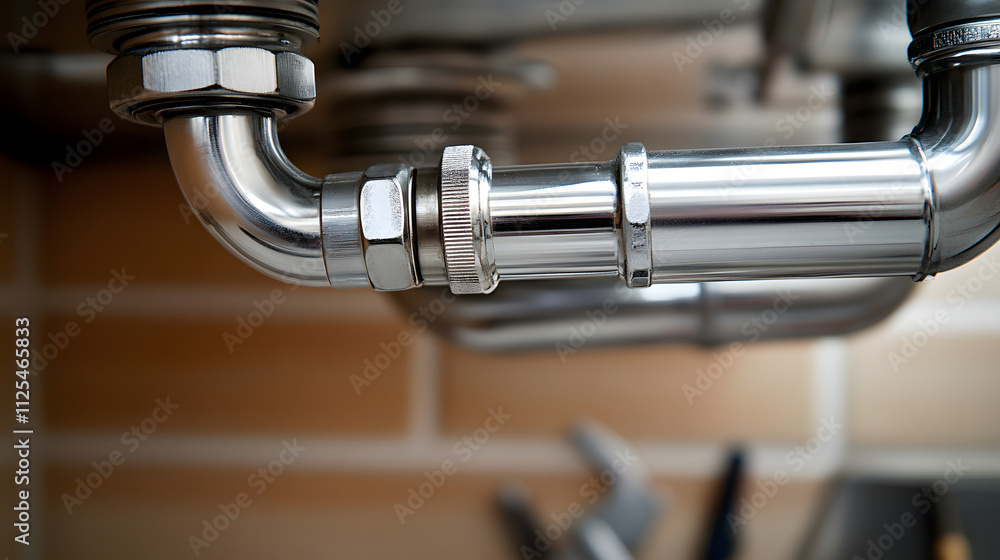 A plumber fixing a pipe under a sink in a residential kitchen surrounded by tools. A plumber fixing a pipe under a sink in a residential kitchen surrounded by tools.