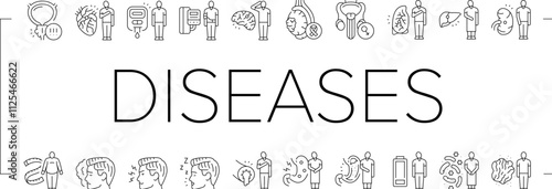 man disease health medical icons set vector. prostate, stroke, diabetes, blood pressure, obesity, depression man disease health medical black contour illustrations