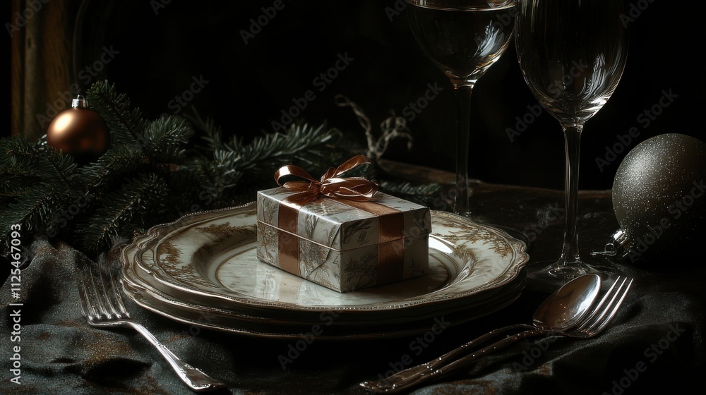 Holiday dining elegance: Giftbox in plate, wine glass, and cutlery with ribbon, fir twigs, and baubles on a dark background Holiday dining elegance: Giftbox in plate, wine glass, and cutlery with ribbon, fir twigs, and baubles on a dark background