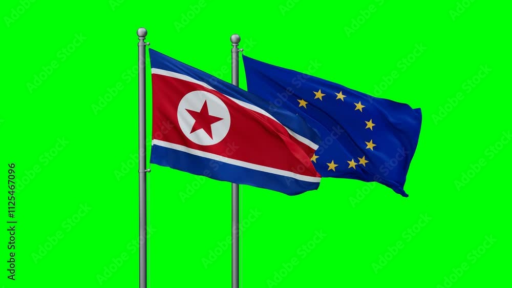 European Union and North Korea flags flying together, video concept of the relationship with colored chroma key for easy background remove European Union and North Korea flags flying together, video concept of the relationship with colored chroma key for easy background remove