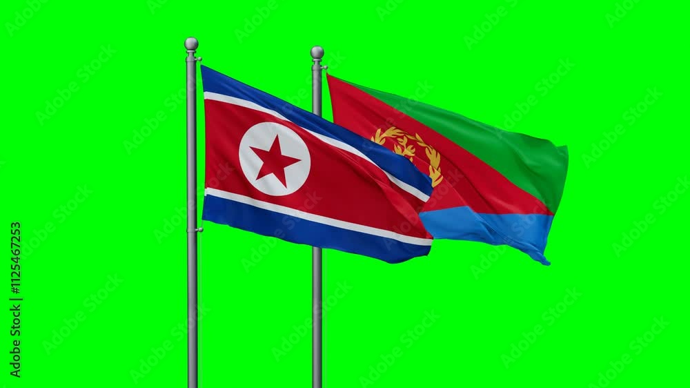 Eritrea and North Korea flags flying together, video concept of the relationship with colored chroma key for easy background remove, two country cooperation concept Eritrea and North Korea flags flying together, video concept of the relationship with colored chroma key for easy background remove, two country cooperation concept