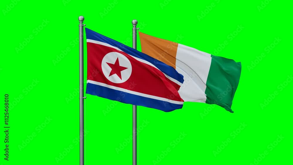 Ivory Coast or Cote d'Ivoire and North Korea flags flying together, video concept of the relationship with colored chroma key for easy background remove, two country cooperation concept Ivory Coast or Cote d'Ivoire and North Korea flags flying together, video concept of the relationship with colored chroma key for easy background remove, two country cooperation concept