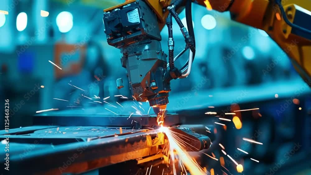 Robotic arm is welding metal parts with sparks flying in a production line at a modern factory. The high tech equipment is part of an automated manufacturing process