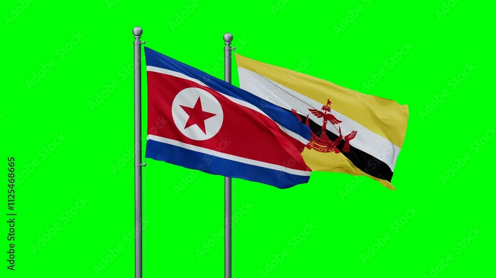 North Korea and Brunei flags flying together, video concept of the relationship with colored chroma key for easy background remove North Korea and Brunei flags flying together, video concept of the relationship with colored chroma key for easy background remove
