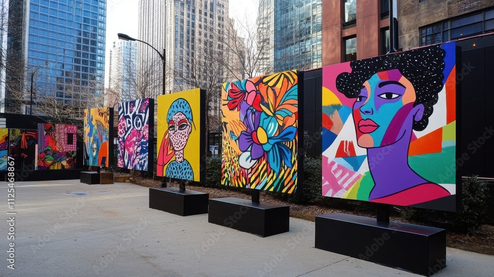 Fototapeta premium Vibrant outdoor art installation featuring colorful portraits and floral designs.