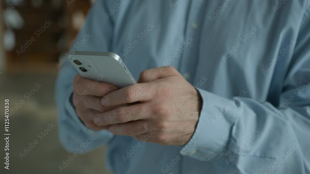 Close up Caucasian businessman man business client user client male hands typing message texting holding mobile phone cellphone using smartphone scrolling browsing internet online apps indoors office Close up Caucasian businessman man business client user client male hands typing message texting holding mobile phone cellphone using smartphone scrolling browsing internet online apps indoors office