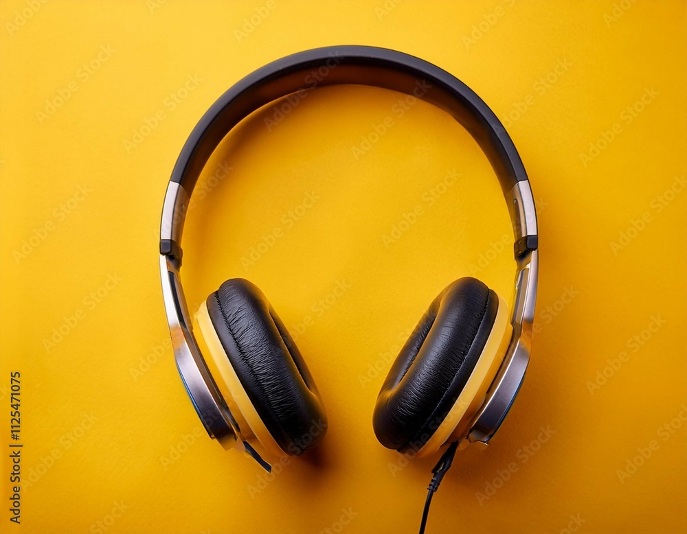 top view of headphones on yellow background top view of headphones on yellow background