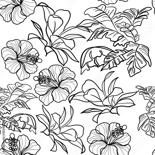 Seamless floral pattern with rainforest plants in doodle technique vector illustration 