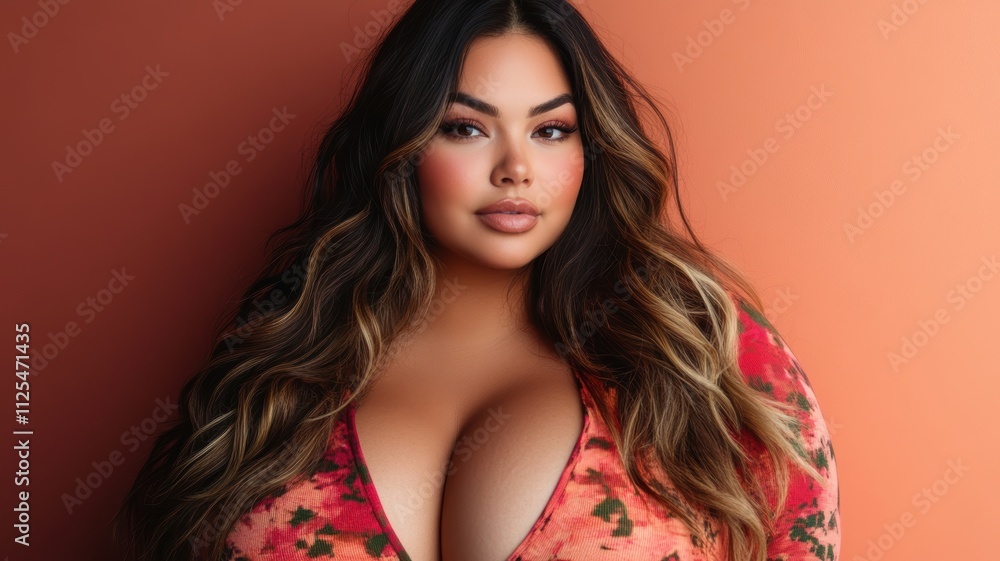Relaxed Portrait of a Beautiful Plus-Size Latina Model with Long Wavy Hair in Stylish Clothing with Smooth Colorful Background Relaxed Portrait of a Beautiful Plus-Size Latina Model with Long Wavy Hair in Stylish Clothing with Smooth Colorful Background
