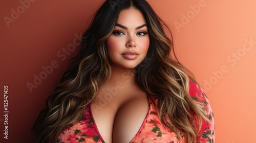 Wallpaper Mural Relaxed Portrait of a Beautiful Plus-Size Latina Model with Long Wavy Hair in Stylish Clothing with Smooth Colorful Background Torontodigital.ca